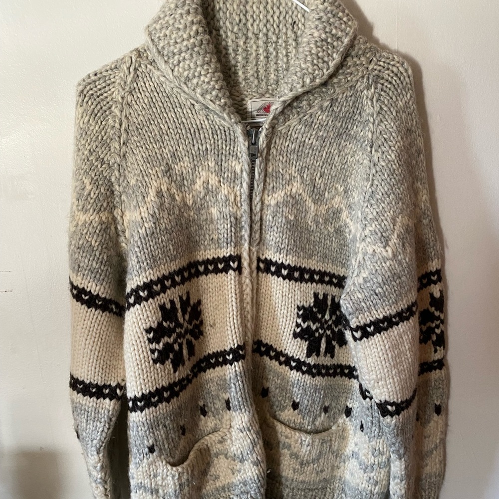 Vintage 60’s 70’s Aurora Borealis 100% Wool Cowichan Shawl Collar Cardigan Coat